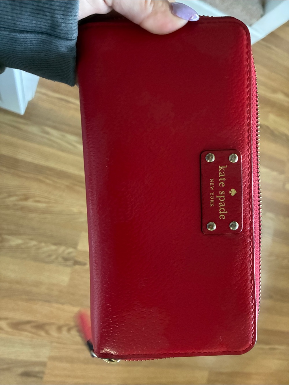 kate spade Red Patent Zip Wallet with Gold Logo Plaque
